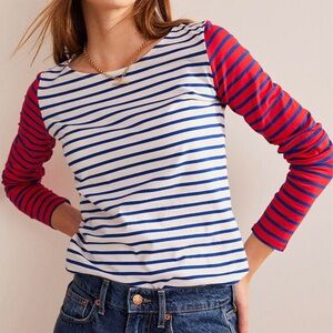 Boden Ella Long Sleeve Breton Stripe Ivory Cobalt Hot Pepper Size 10 London